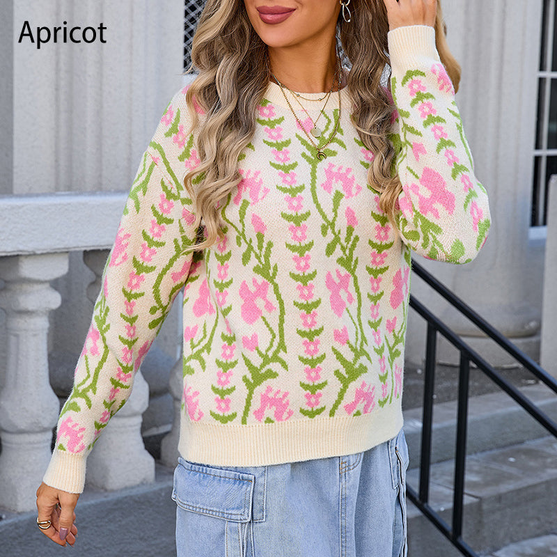 Women's Floral Knit Sweater with Crew Neck & Long Sleeves