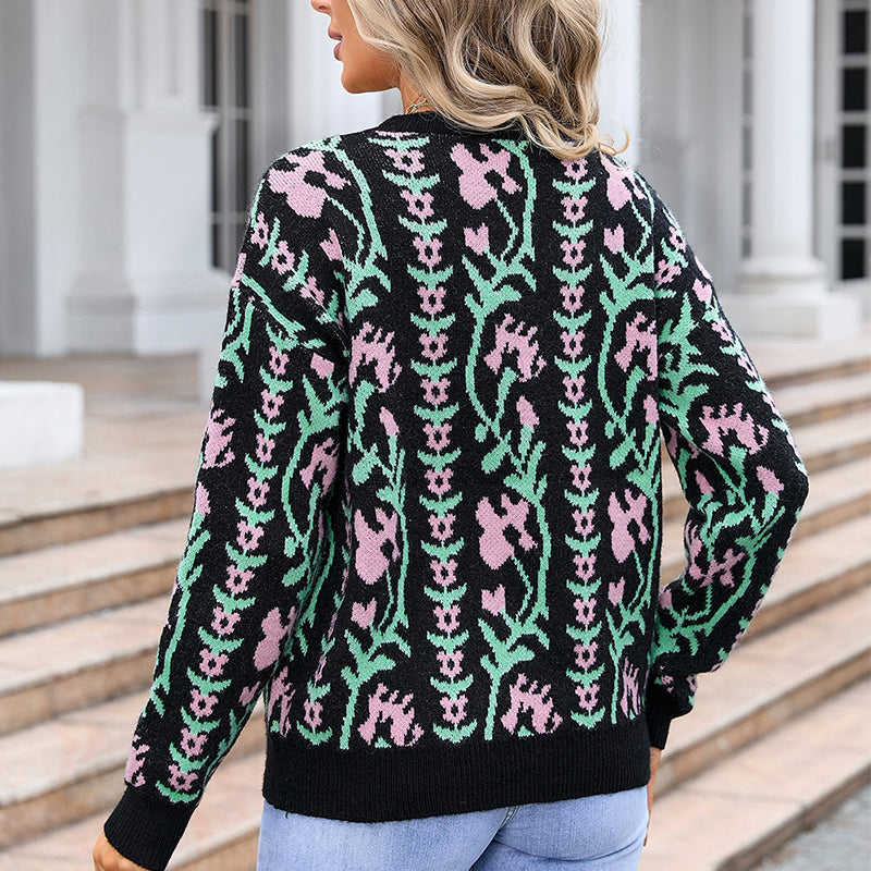 Women's Floral Knit Sweater with Crew Neck & Long Sleeves