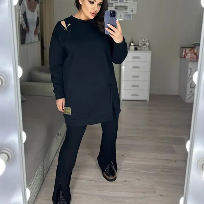 🍂Stylish Round-Neck Side-Slit Long-Sleeve Loose Midi Dress ✨