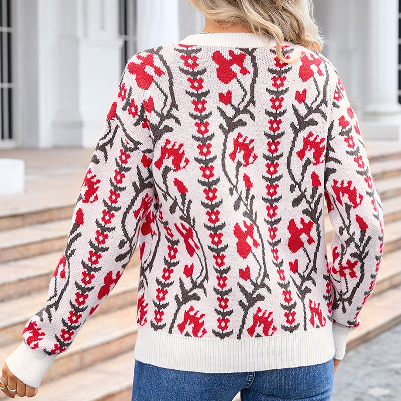 Women's Floral Knit Sweater with Crew Neck & Long Sleeves