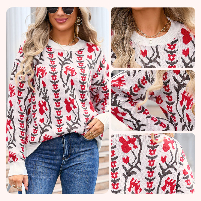 Women's Floral Knit Sweater with Crew Neck & Long Sleeves