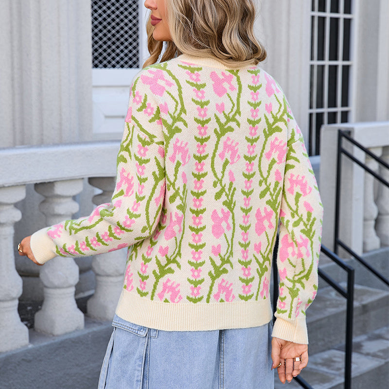 Women's Floral Knit Sweater with Crew Neck & Long Sleeves