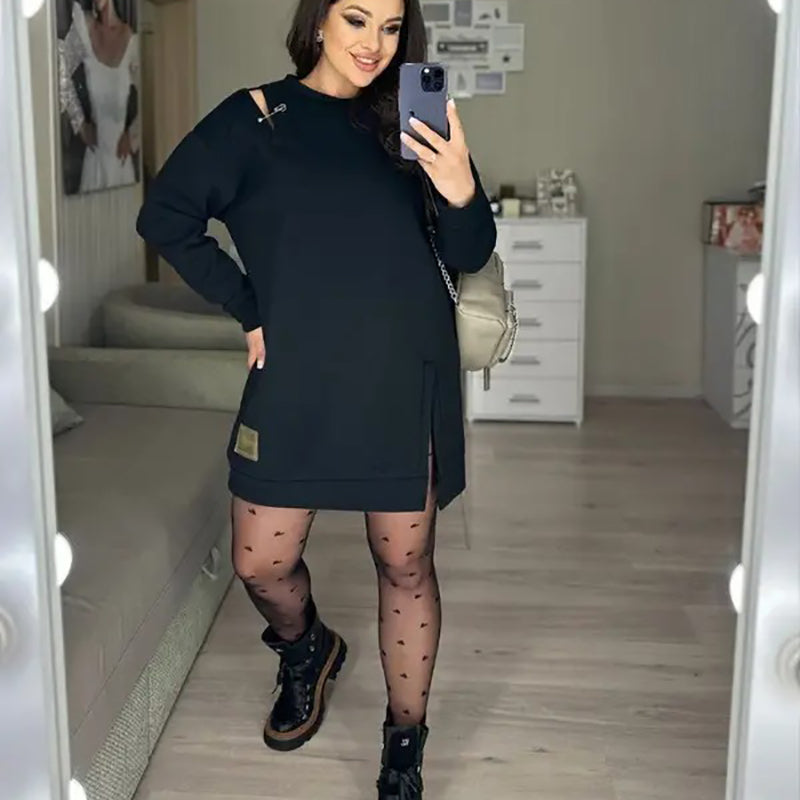 🍂Stylish Round-Neck Side-Slit Long-Sleeve Loose Midi Dress ✨