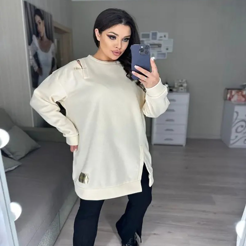 🍂Stylish Round-Neck Side-Slit Long-Sleeve Loose Midi Dress ✨
