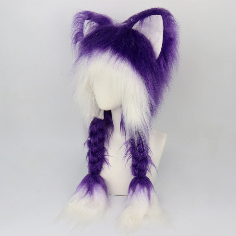 Plush Cat Ear Winter Hat with Braided Pigtails