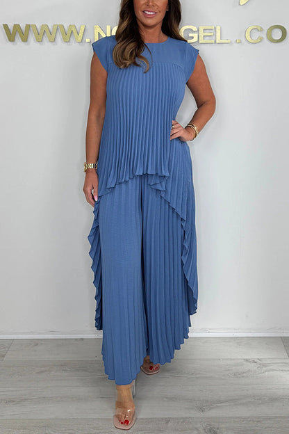 🔥Laney Pleated Short Sleeve Irregular Midi Top and Elastic Waist Wide Leg Pants Set