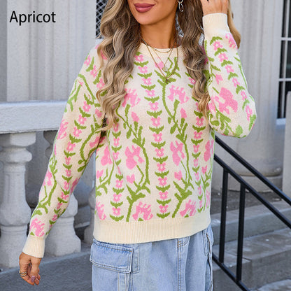 Women's Floral Knit Sweater with Crew Neck & Long Sleeves