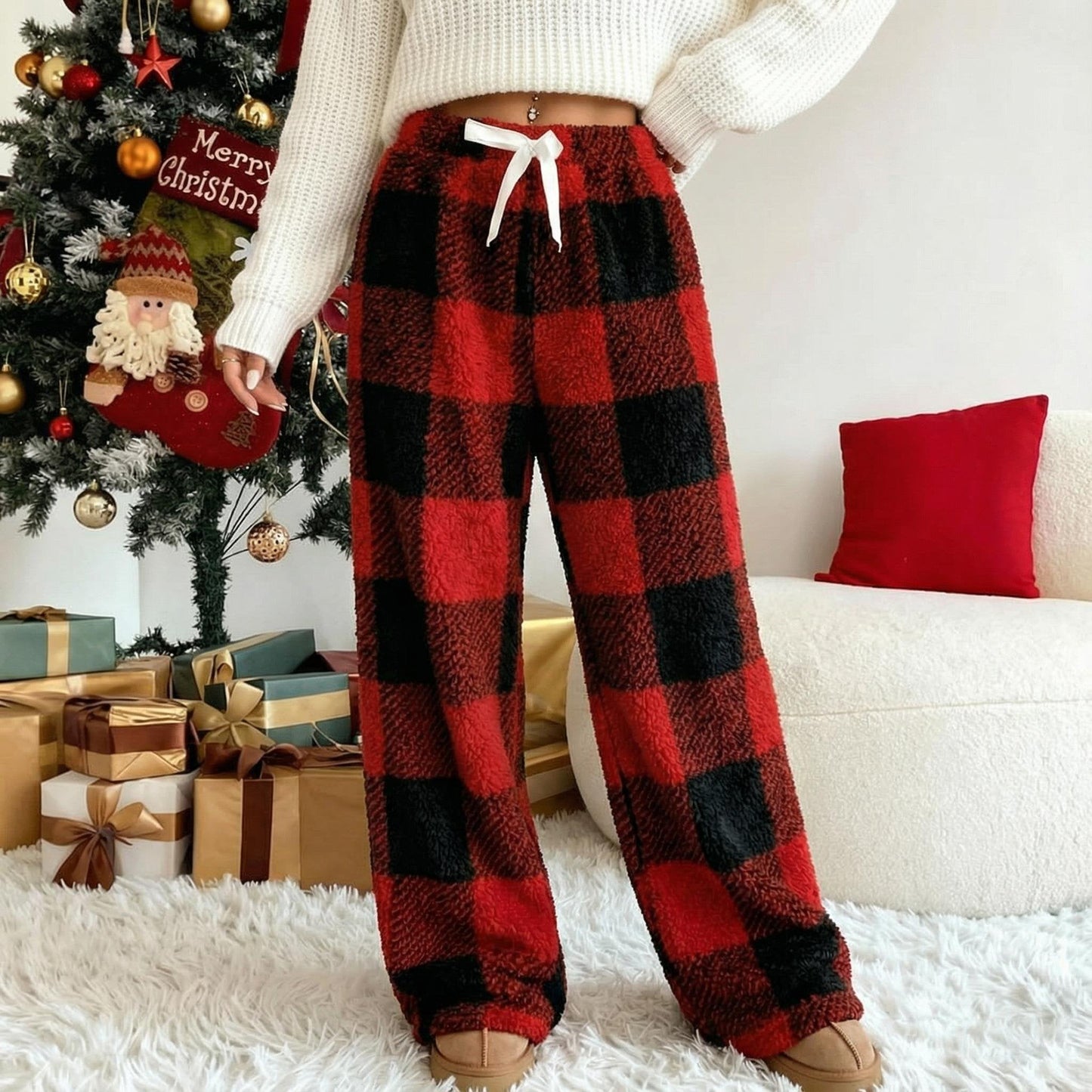 🔥Winter Vintage Plaid Elastic Straight Loose Thick Warm Casual Pants