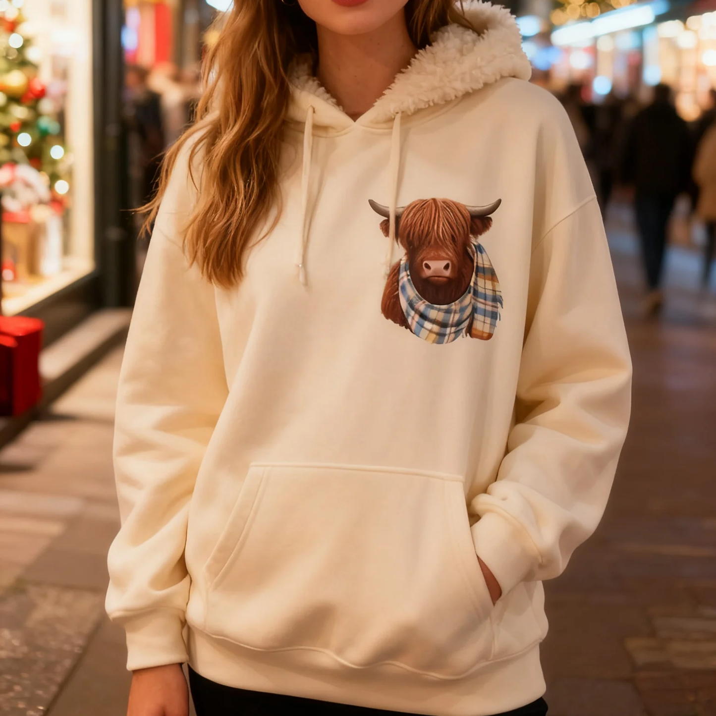 Cute Highland Cow Cozy Fleece-Lined Hooded Sweatshirt
