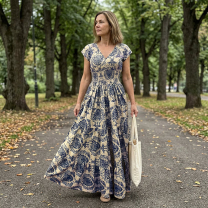 👗 Women's V-Neck Floral Smocked Maxi Dress – Elegant, Bohemian, Lightweight 🦋