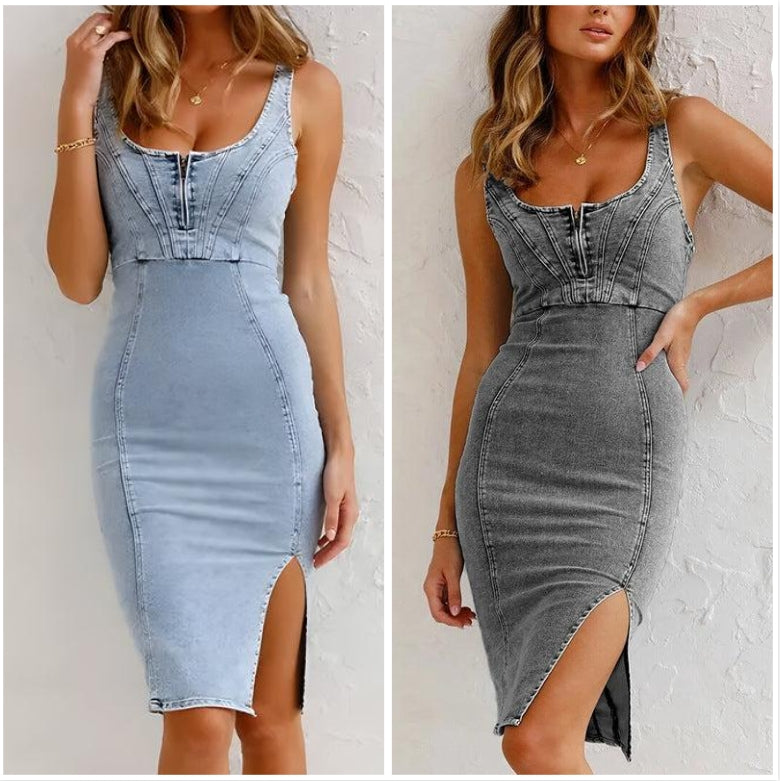 🍹🌤️Women's U-Neck Denim Bodycon Cami Dress