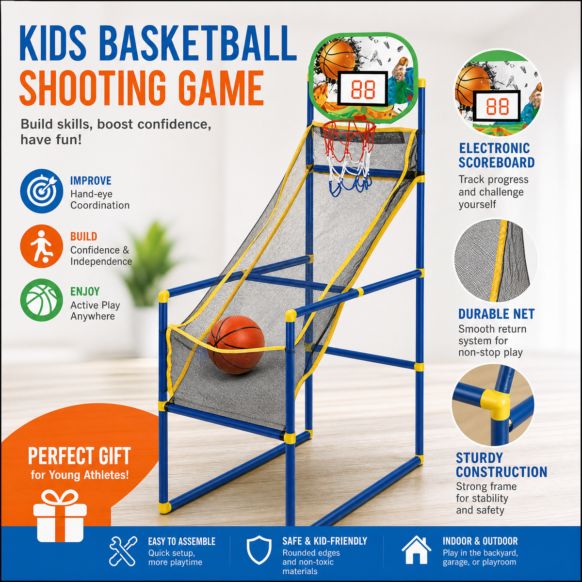 🏀🎯Kids‘ Indoor Basketball Arcade Game – Auto ball return, sturdy & safe. 4 balls + pump included. Quick setup, endless fun! 🧒💨
