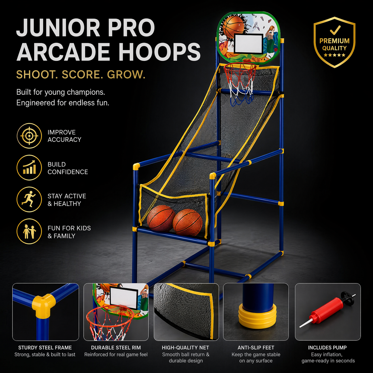 🏀🎯Kids‘ Indoor Basketball Arcade Game – Auto ball return, sturdy & safe. 4 balls + pump included. Quick setup, endless fun! 🧒💨