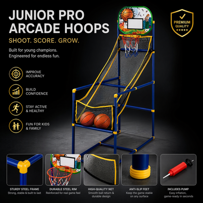 🏀🎯Kids‘ Indoor Basketball Arcade Game – Auto ball return, sturdy & safe. 4 balls + pump included. Quick setup, endless fun! 🧒💨