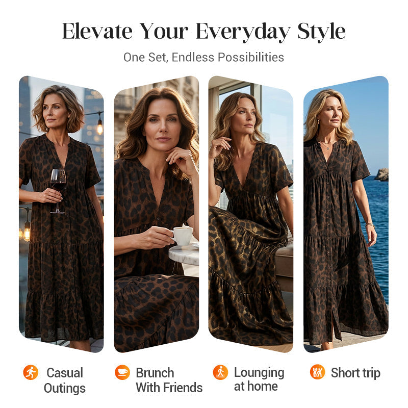 Women's V-Neck Leopard Print Maxi Dress