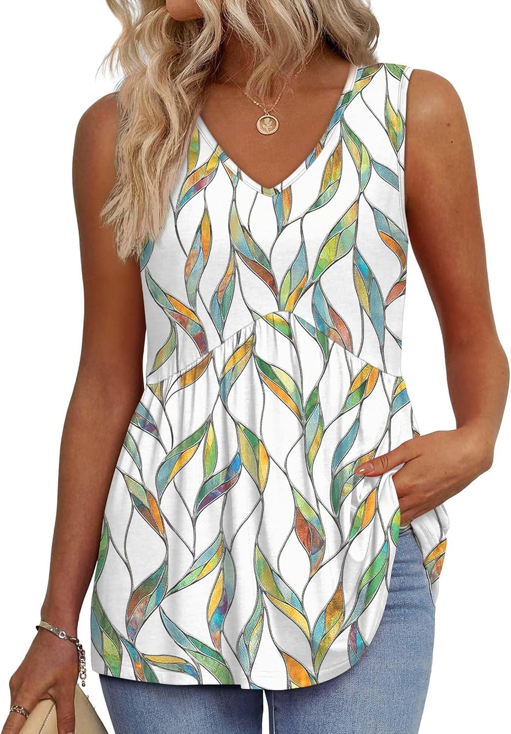 💜Women's Print Flowy Sleeveless V Neck Peplum Tank Tops