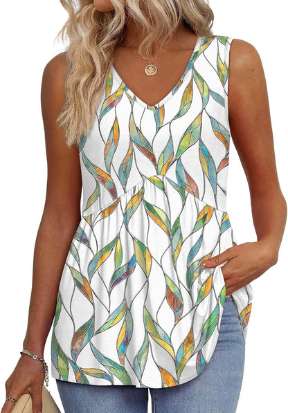 💜Women's Print Flowy Sleeveless V Neck Peplum Tank Tops