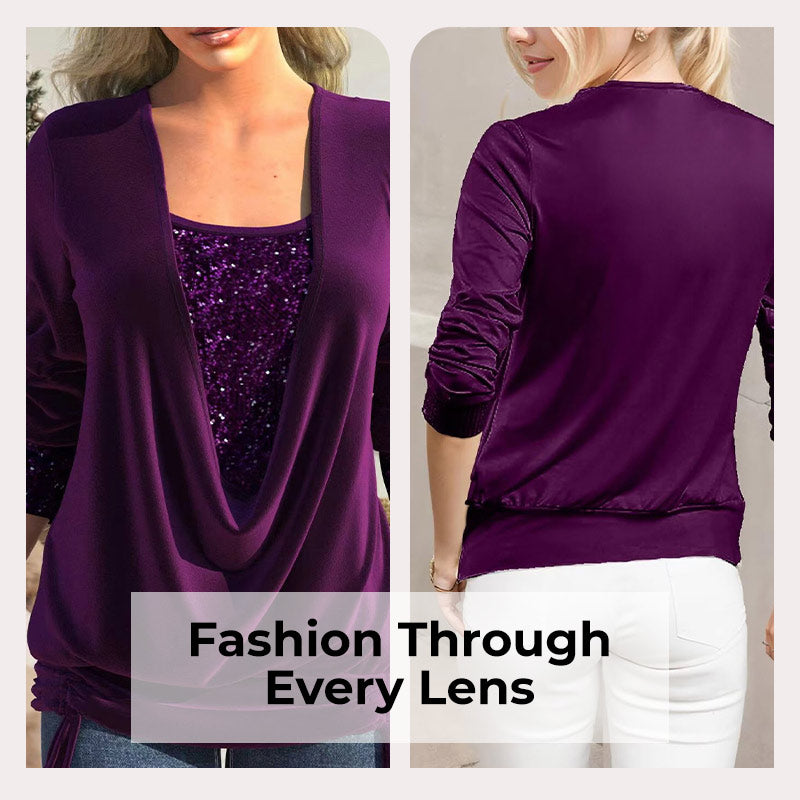 ✨👗Sequin Loose Smocked Fake Two-Piece Top Stylish and Versatile, Comfortable and Shapely, Exudes Elegant Feminine Charm!