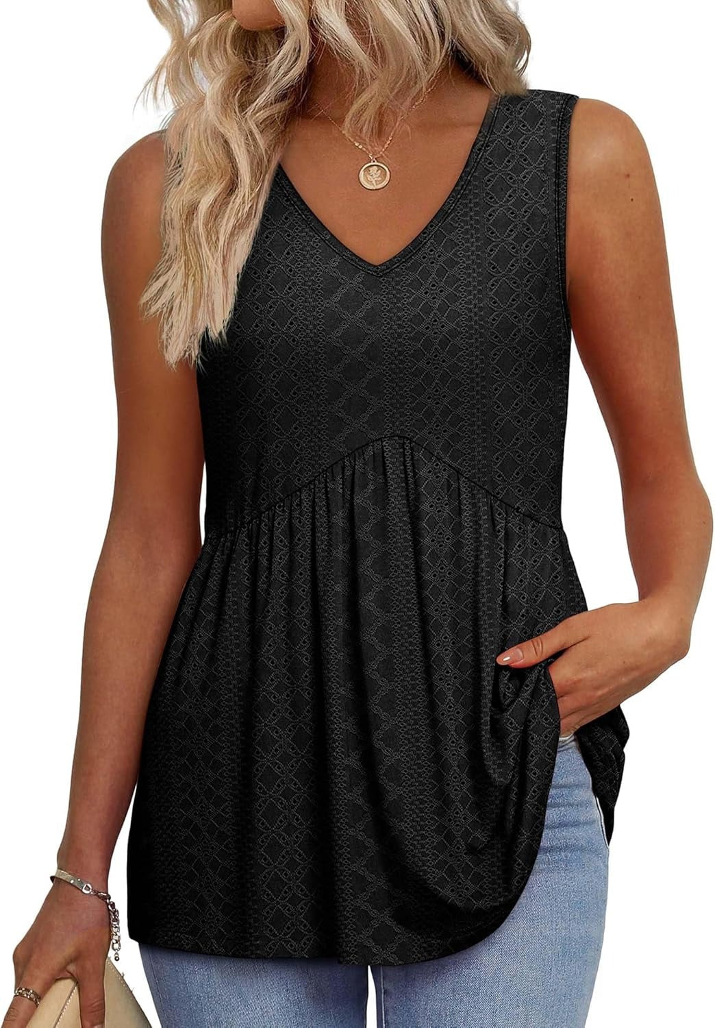 💜Women's Print Flowy Sleeveless V Neck Peplum Tank Tops