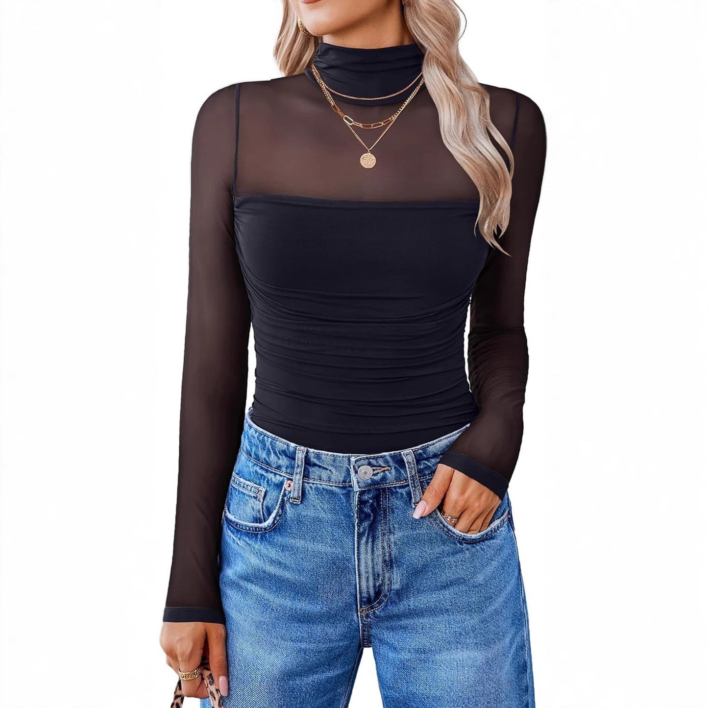 🎉Women's Sparkle Mesh Sheer Long Sleeve Ruched Top