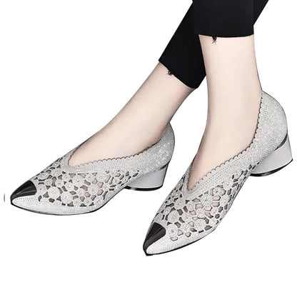 Hollow Mesh Rhinestone Chunky Heel Sandals