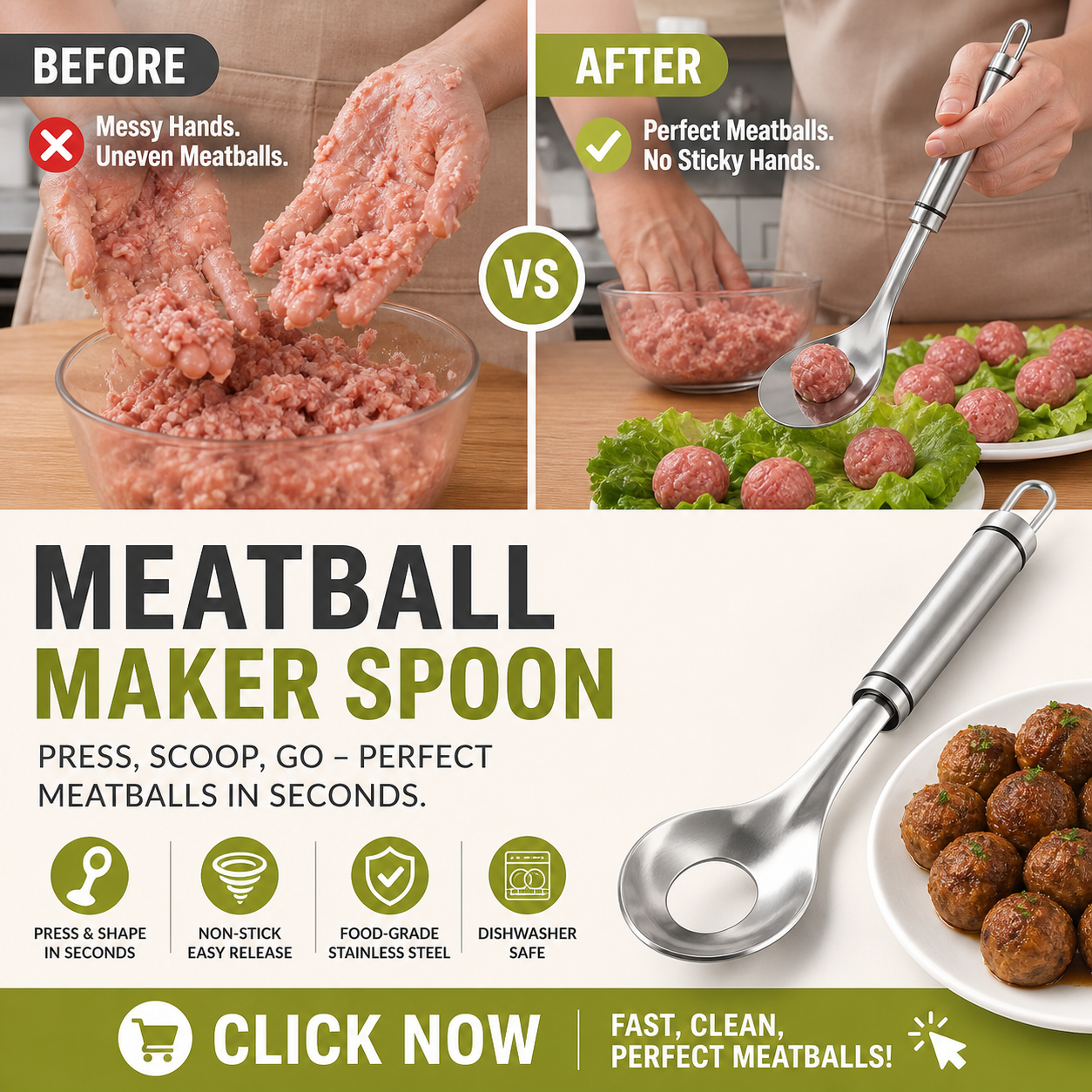 🥳Meatball Spoon! Non-stick, scoop & drain – perfect gift. Mess-free cooking – grab yours! ✅