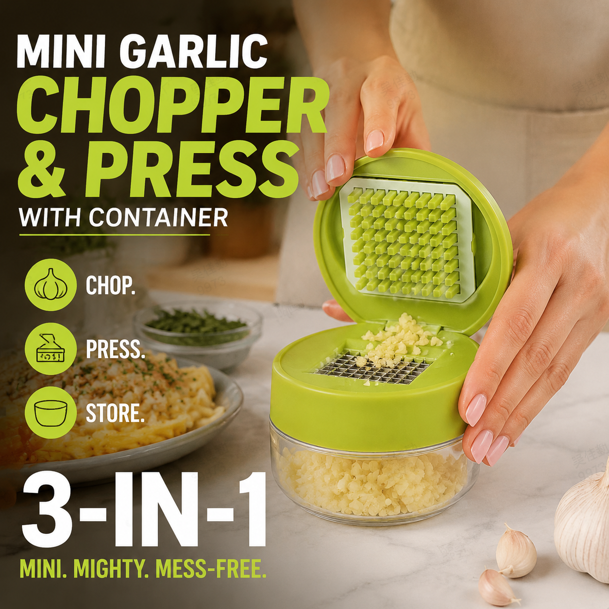 Mini Garlic Chopper and Press with Container