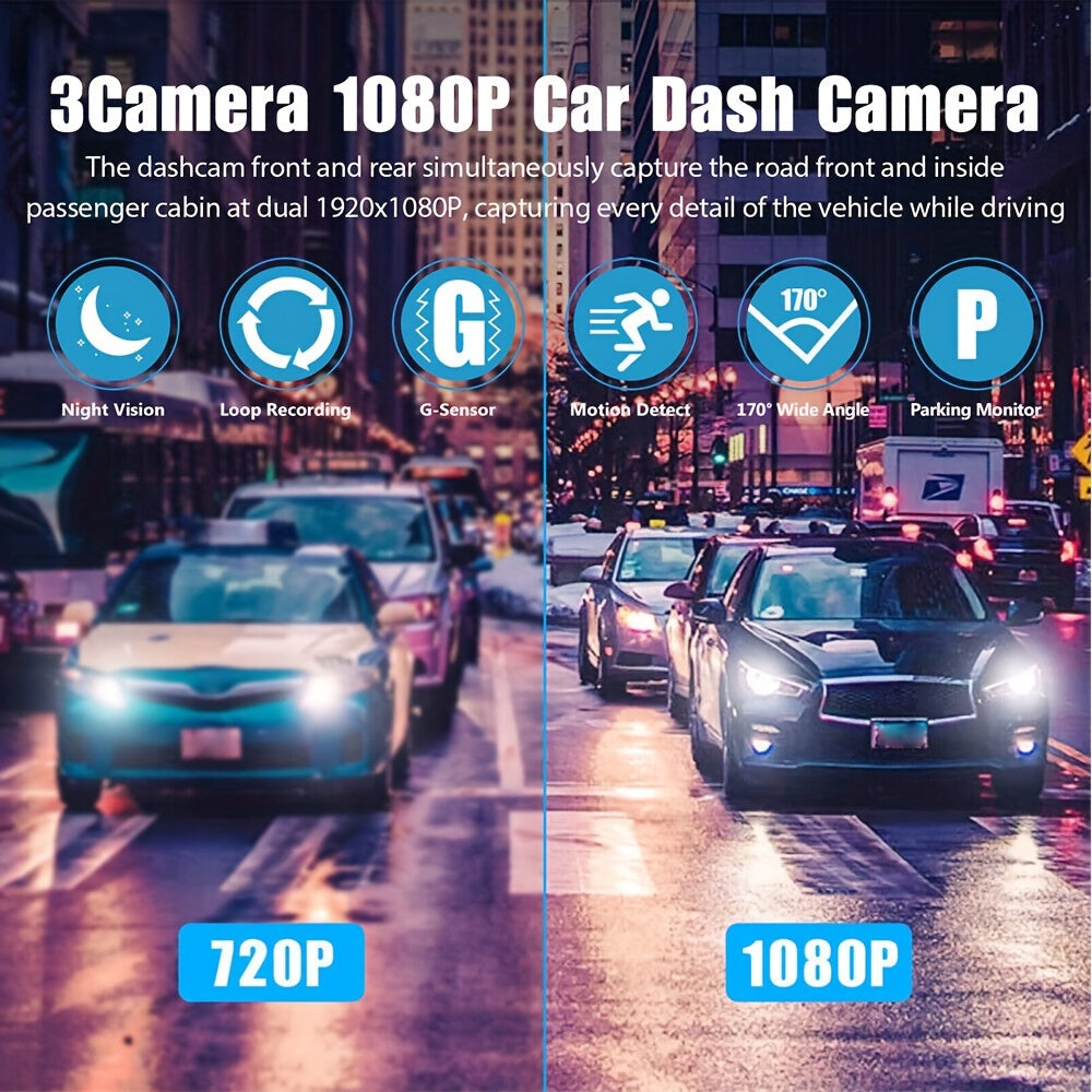 🚗Safe Driving 3 Channel Camera Cycle Video Recorder