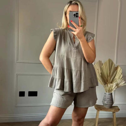 😍Best Sellers😍Women's Cheesecloth Ruffle Shorts & Top Set