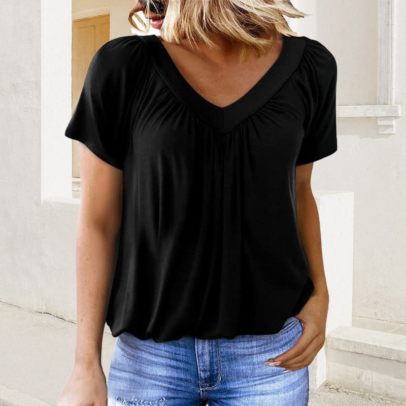 Women's Casual Pleated V-Neck Short-Sleeve Top