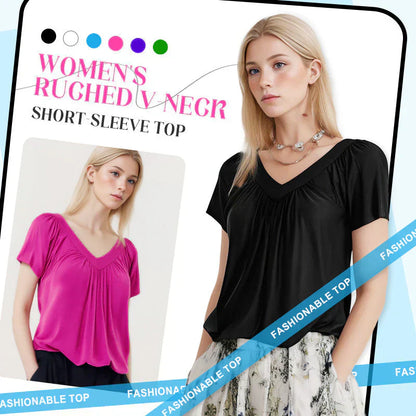 Women's Casual Pleated V-Neck Short-Sleeve Top