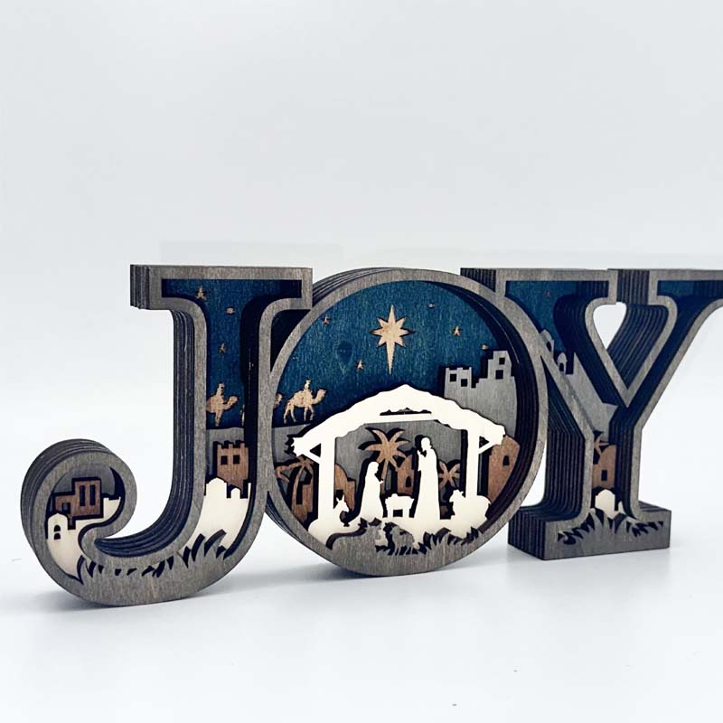 Wooden JOY Nativity Scene Christmas Ornament