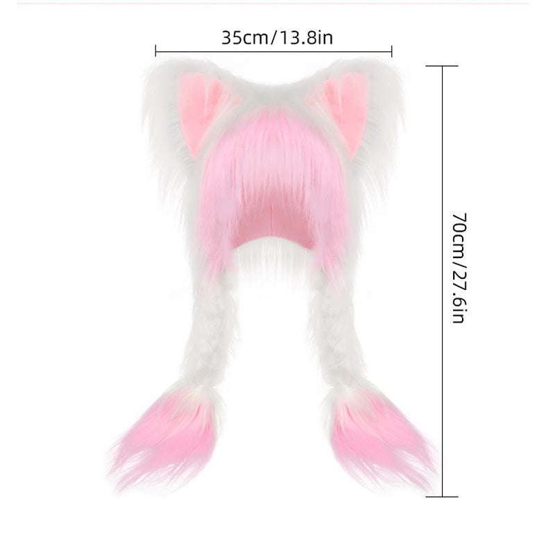 Plush Cat Ear Winter Hat with Braided Pigtails