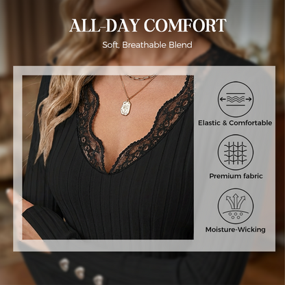 ⏳Time-Limited Special⏰Value Bundle: Lace Detail V-Neck Top for Women + Brooch