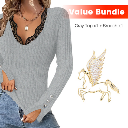 ⏳Time-Limited Special⏰Value Bundle: Lace Detail V-Neck Top for Women + Brooch