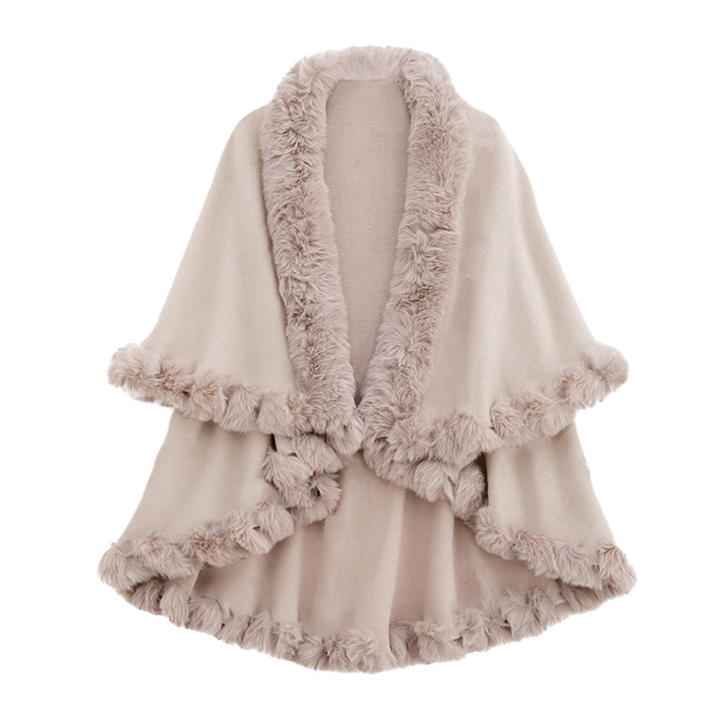 Women's Double-Layer Knit Shawl with Plush Trim