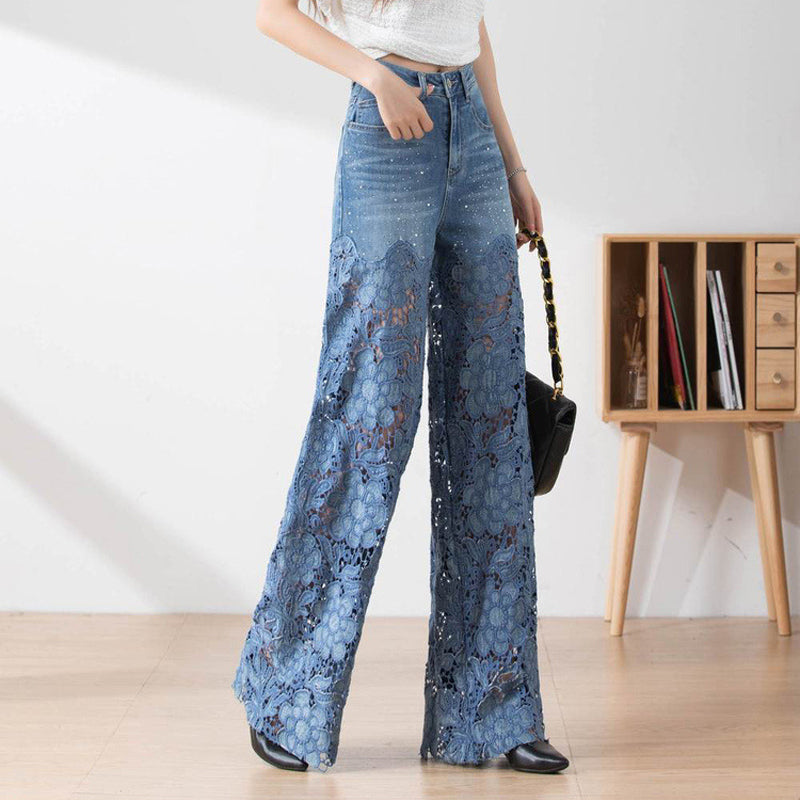 Women's High-Waisted Blue Denim Wide-Leg Pants with Cut-Out Lace Panels
