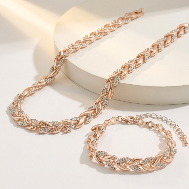 Adjustable Rhinestone Leaf Link Necklace & Bracelet Set