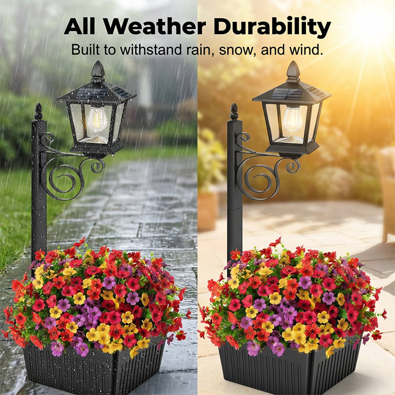 Outdoor Solar Garden Light with Planter Base – Vintage Warm Glow, All-Weather Iron Design & Dual Function 🌸🌙