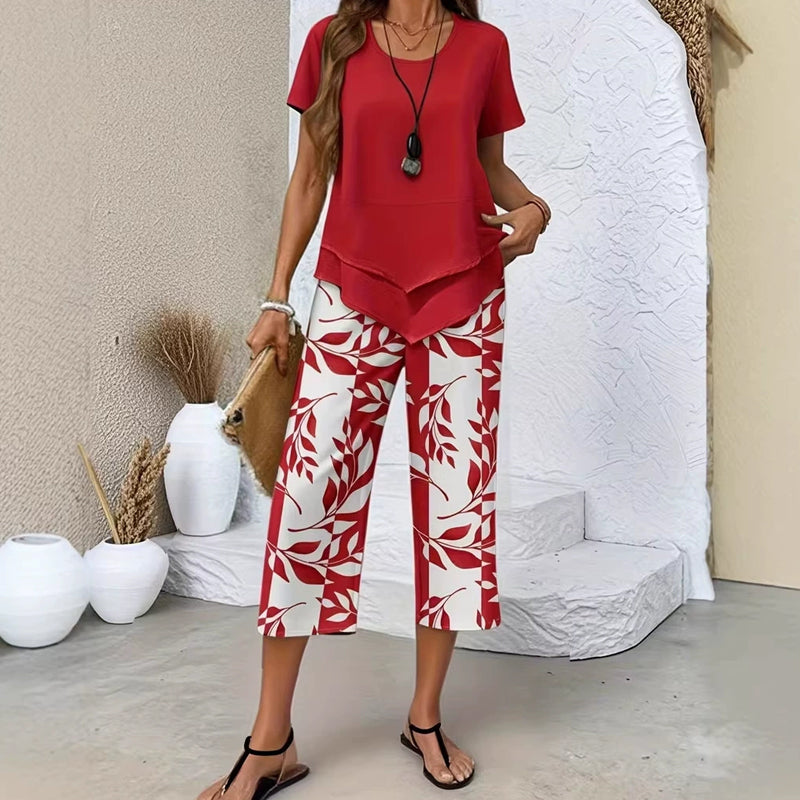 🔥Women's 2-Piece Set – Layered Asymmetrical Tunic Top & Printed Wide Leg Pants, Breathable Polyester ✨