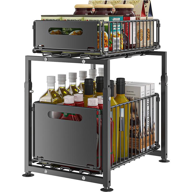 💪🥫Double-Tier Pull-Out Shelf Cabinet Organiser – 5 Height Adjustments, 2 Pull-Out Tiers, Carbon Steel & Large Capacity – No Assembly Required ✨