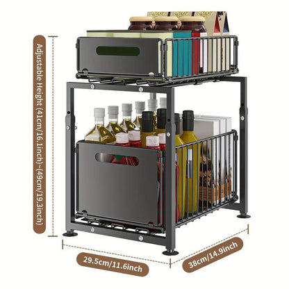 💪🥫Double-Tier Pull-Out Shelf Cabinet Organiser – 5 Height Adjustments, 2 Pull-Out Tiers, Carbon Steel & Large Capacity – No Assembly Required ✨