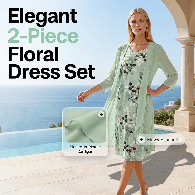 🔥Women's Elegant Chiffon Dress & Cardigan 2-Piece Set