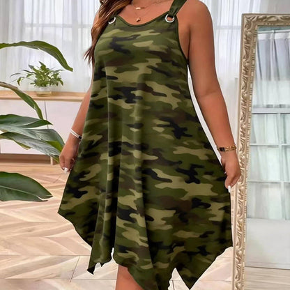 👗✨ Sleeveless Camouflage Dress – Asymmetrical Hem, Edgy Style, Unique