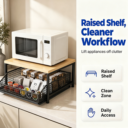 💥2-Tier Kitchen Microwave Stand with Slide-Out Drawer — Heavy-Duty Countertop Shelf