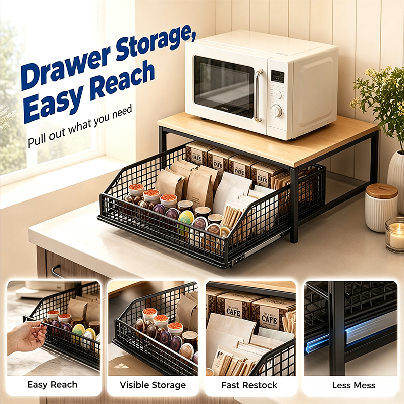 💥2-Tier Kitchen Microwave Stand with Slide-Out Drawer — Heavy-Duty Countertop Shelf