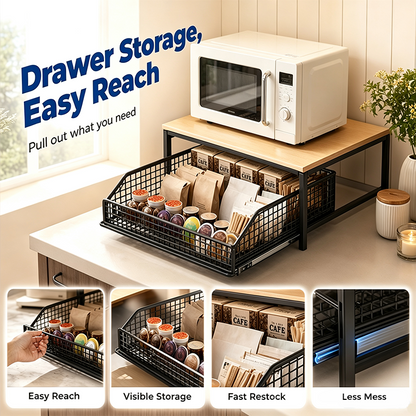 💥2-Tier Kitchen Microwave Stand with Slide-Out Drawer — Heavy-Duty Countertop Shelf