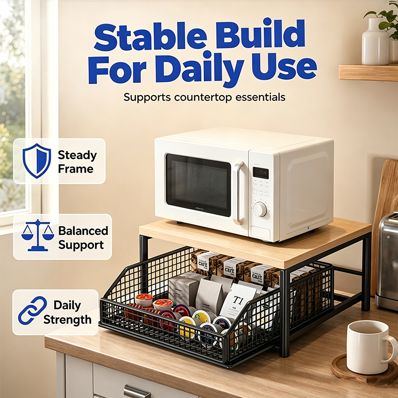 💥2-Tier Kitchen Microwave Stand with Slide-Out Drawer — Heavy-Duty Countertop Shelf
