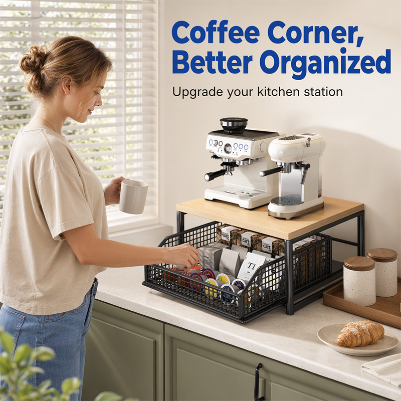 💥2-Tier Kitchen Microwave Stand with Slide-Out Drawer — Heavy-Duty Countertop Shelf