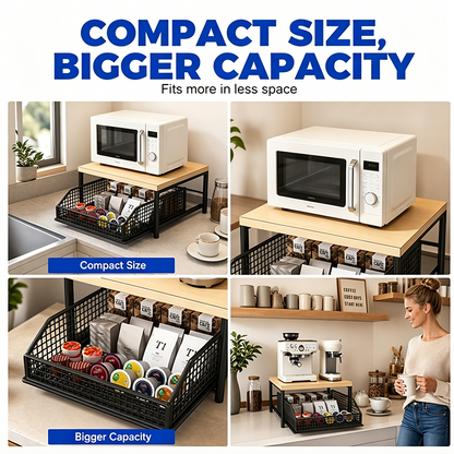💥2-Tier Kitchen Microwave Stand with Slide-Out Drawer — Heavy-Duty Countertop Shelf